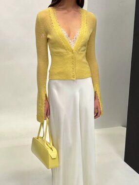 Helsa yellow cardigan with lace trim, button-up detail